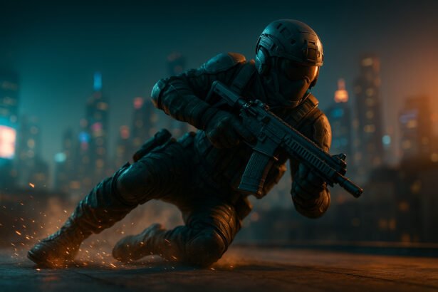 High-energy Call of Duty-style gameplay still showing a player mid-slide/boost using the Omnimovement system against a neon-lit cityscape at dusk.