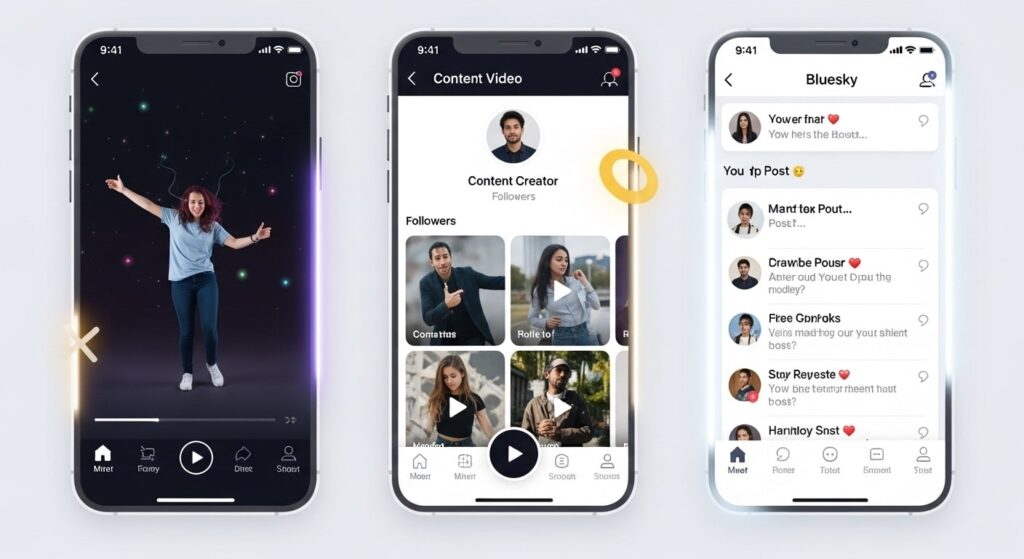 Comparison of TikTok, Skylight, and Bluesky app interfaces highlighting differences
