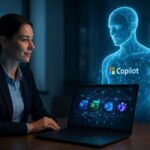Microsoft Copilot hologram projected above a laptop showing Word, Excel, Outlook, and Teams icons in a modern office setting.