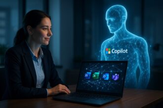 Microsoft Copilot hologram projected above a laptop showing Word, Excel, Outlook, and Teams icons in a modern office setting.