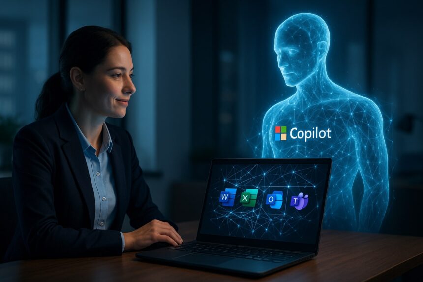 Microsoft Copilot hologram projected above a laptop showing Word, Excel, Outlook, and Teams icons in a modern office setting.