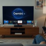 Modern living room with a large Google TV screen displaying Gemini AI assistant interface, showing the voice command feature with a remote control featuring a highlighted microphone button, illustrating the AI-powered smart TV assistant experience.