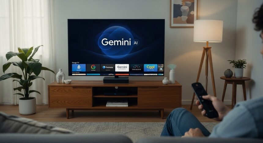 Modern living room with a large Google TV screen displaying Gemini AI assistant interface, showing the voice command feature with a remote control featuring a highlighted microphone button, illustrating the AI-powered smart TV assistant experience.