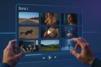 Cinematic image of a creator surrounded by holographic video clips and neon city lights, illustrating AI-generated videos with Sora 2.