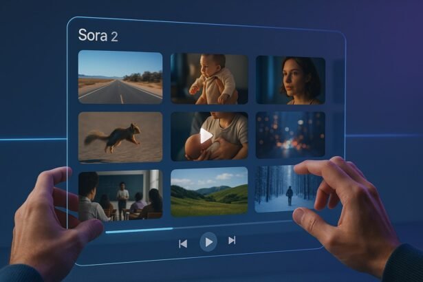 Cinematic image of a creator surrounded by holographic video clips and neon city lights, illustrating AI-generated videos with Sora 2.